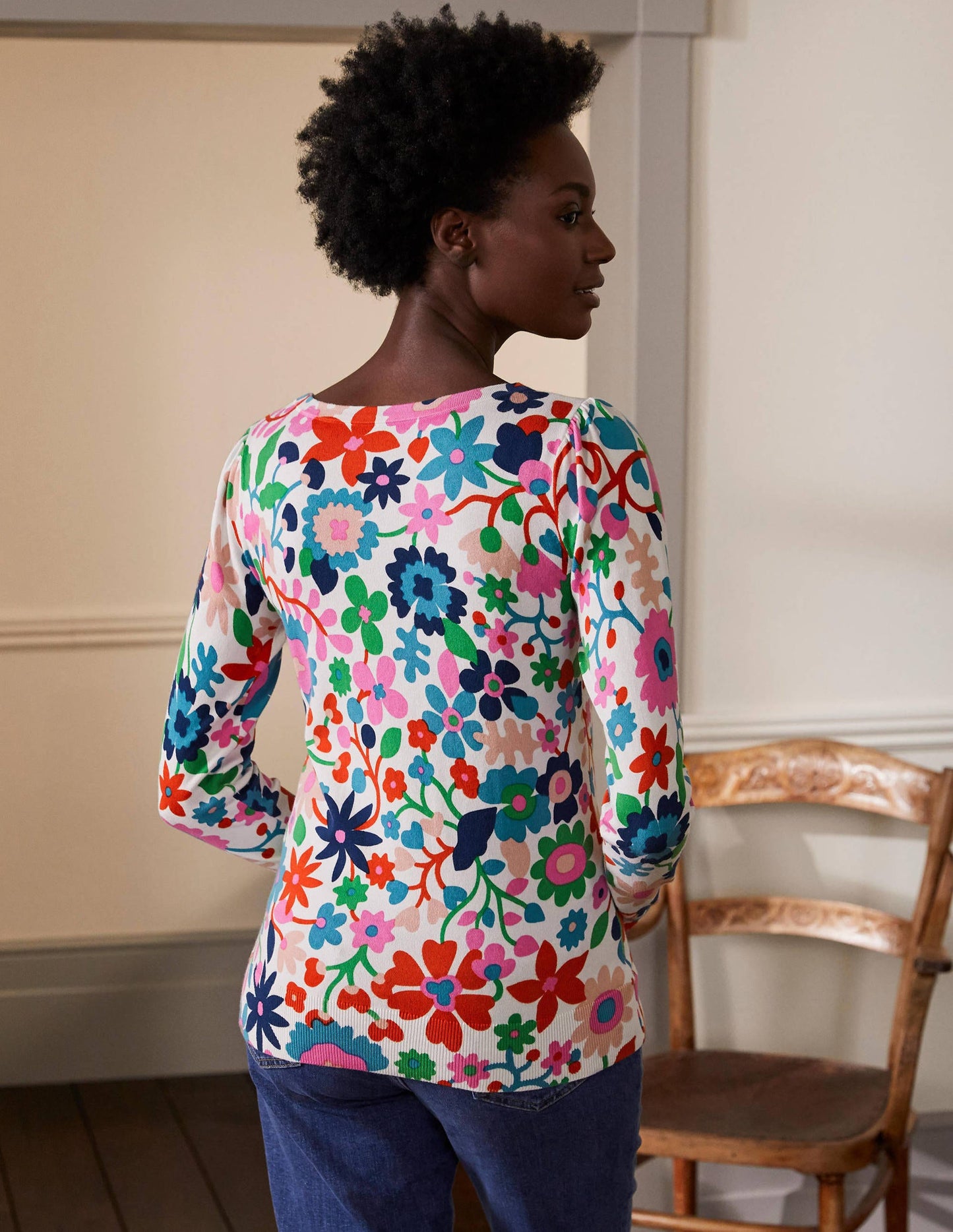 Cotton V-Neck Jumper-Ivory, Prairie Floral