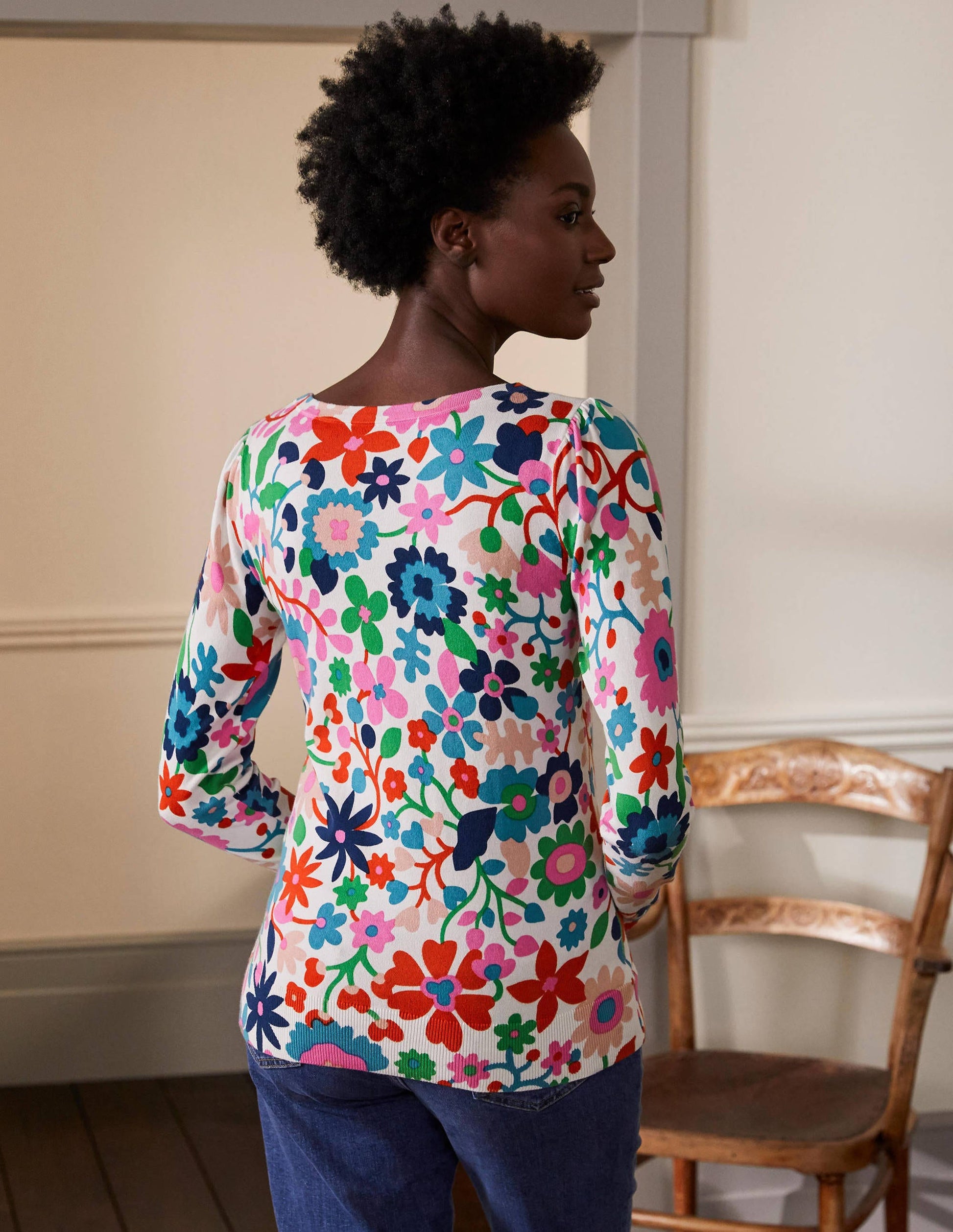 Cotton V-Neck Jumper-Ivory, Prairie Floral-3