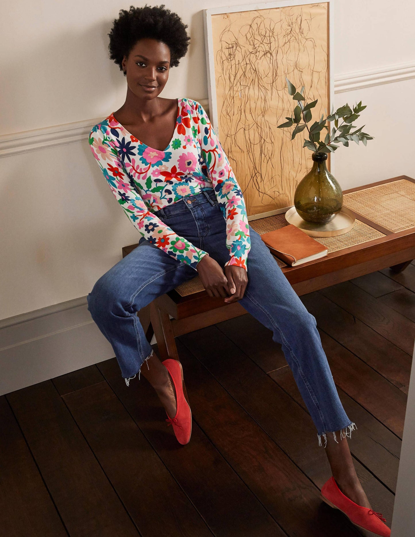 Cotton V-Neck Jumper-Ivory, Prairie Floral