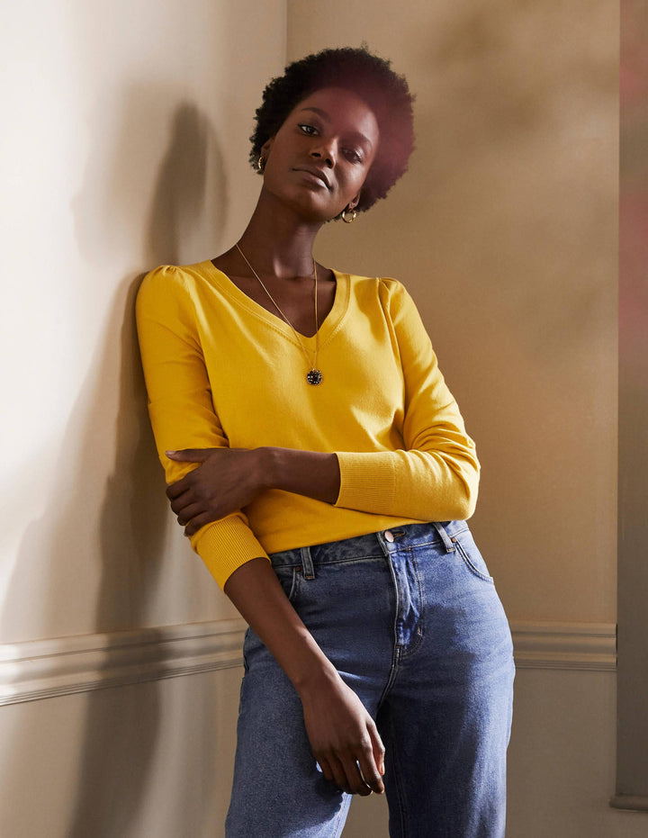 Cotton V-Neck Jumper-Honey Gold