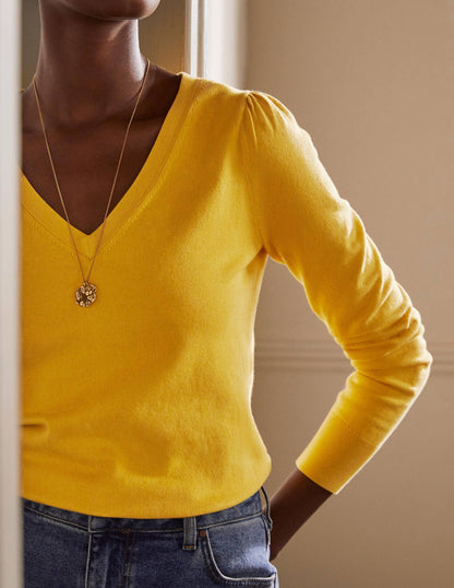 Cotton V-Neck Jumper-Honey Gold-2