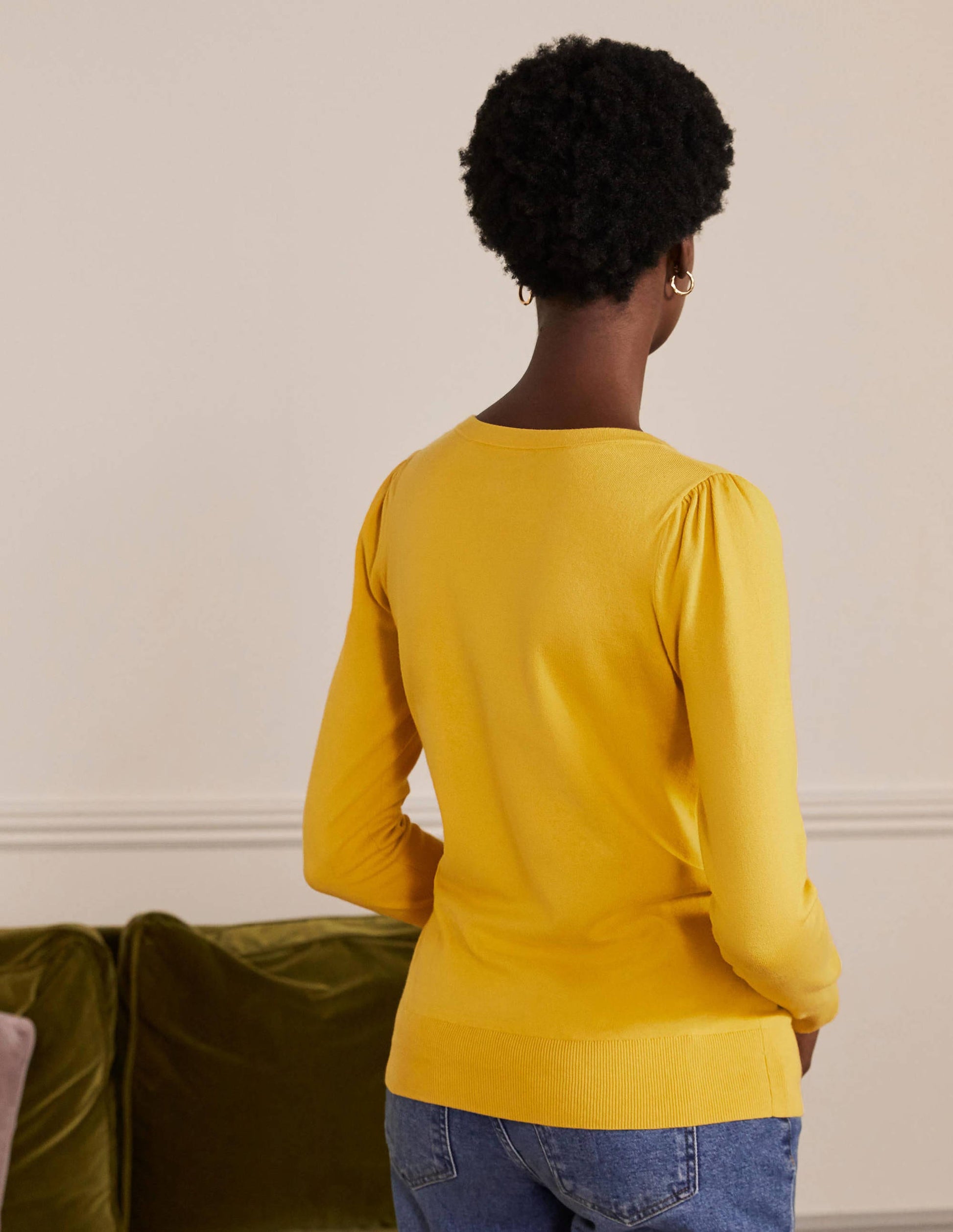 Cotton V-Neck Jumper-Honey Gold-3