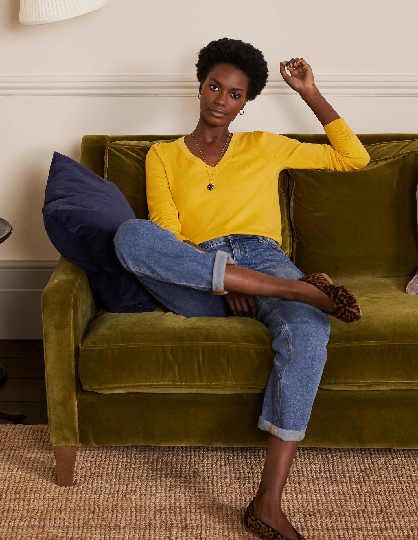 Cotton V-Neck Jumper-Honey Gold