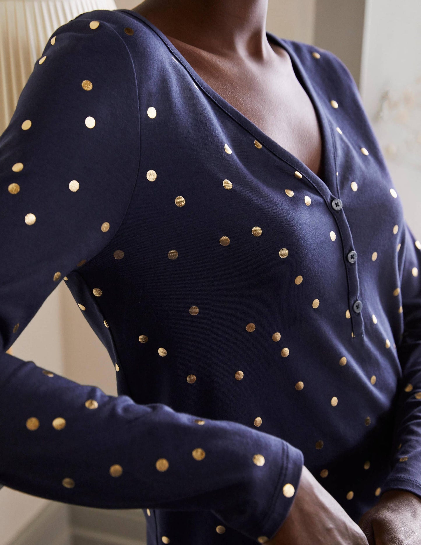 Emma Long Sleeve Pyjama Top-Navy, Scattered Spot