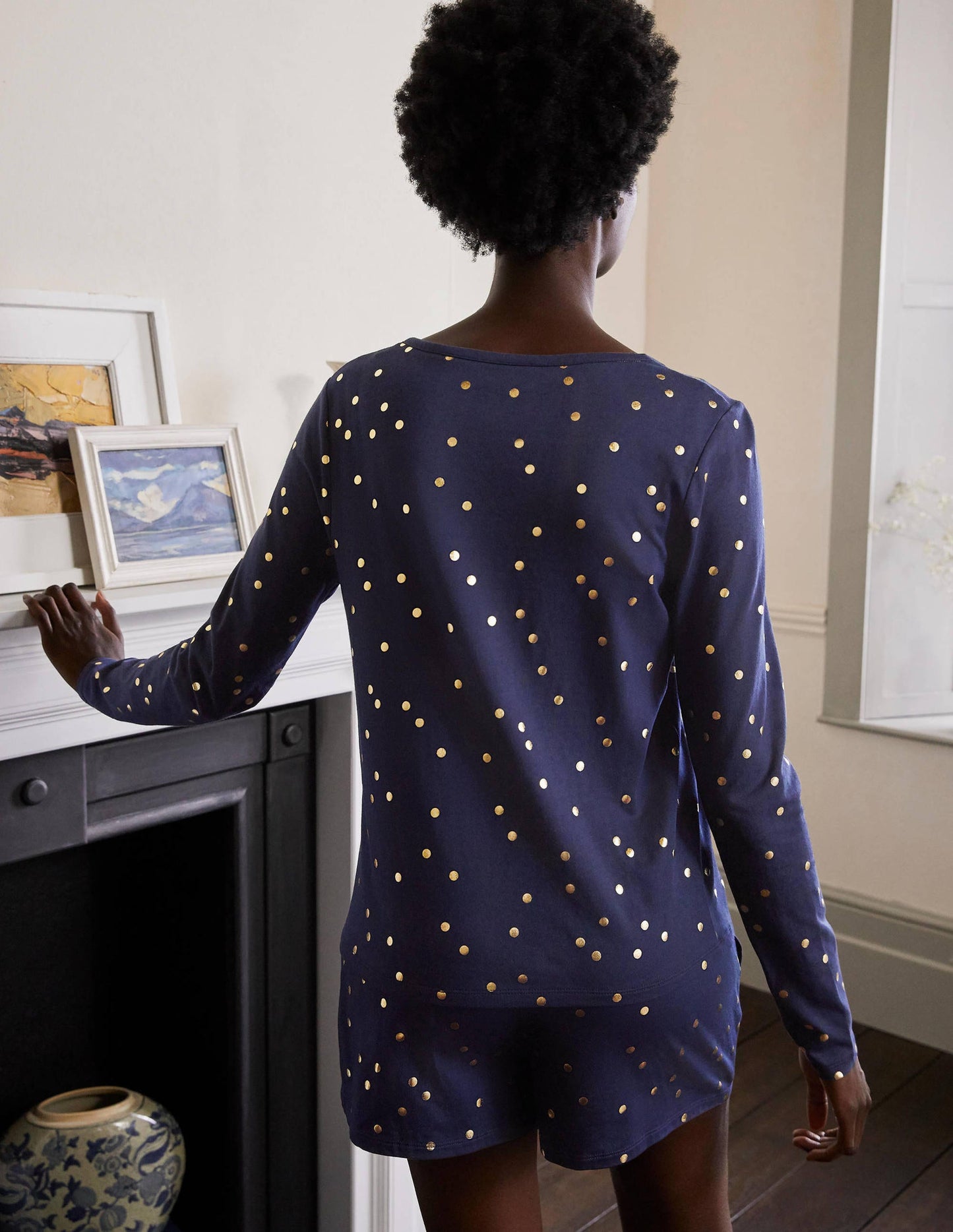 Emma Long Sleeve Pyjama Top-Navy, Scattered Spot