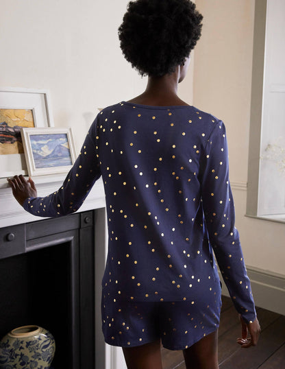 Emma Long Sleeve Pyjama Top-Navy, Scattered Spot-2