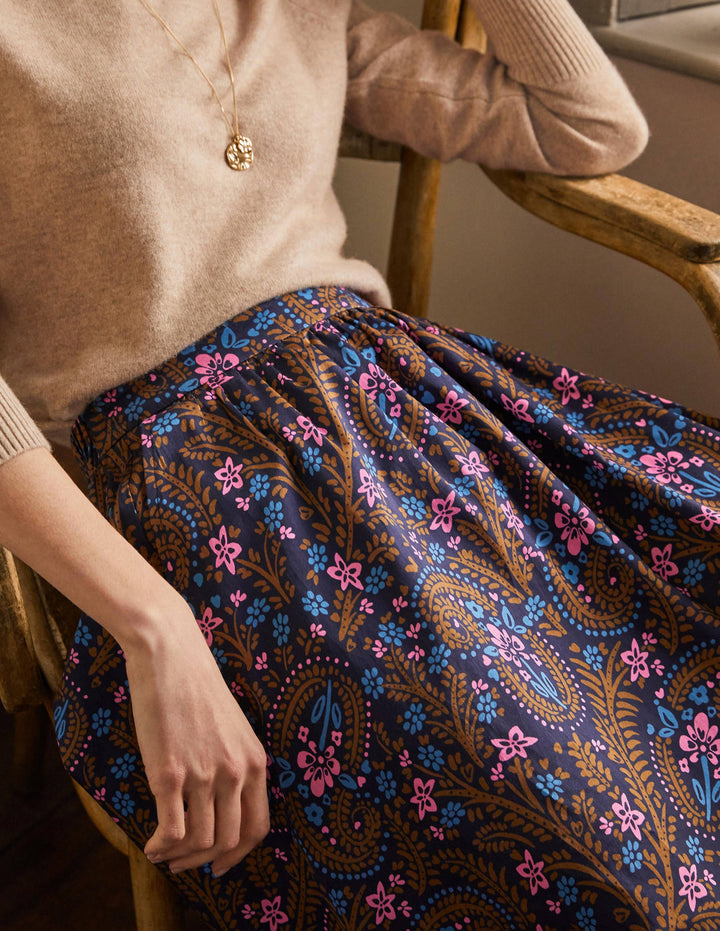 Cotton Sateen Skirt-French Navy, Floral Paisley
