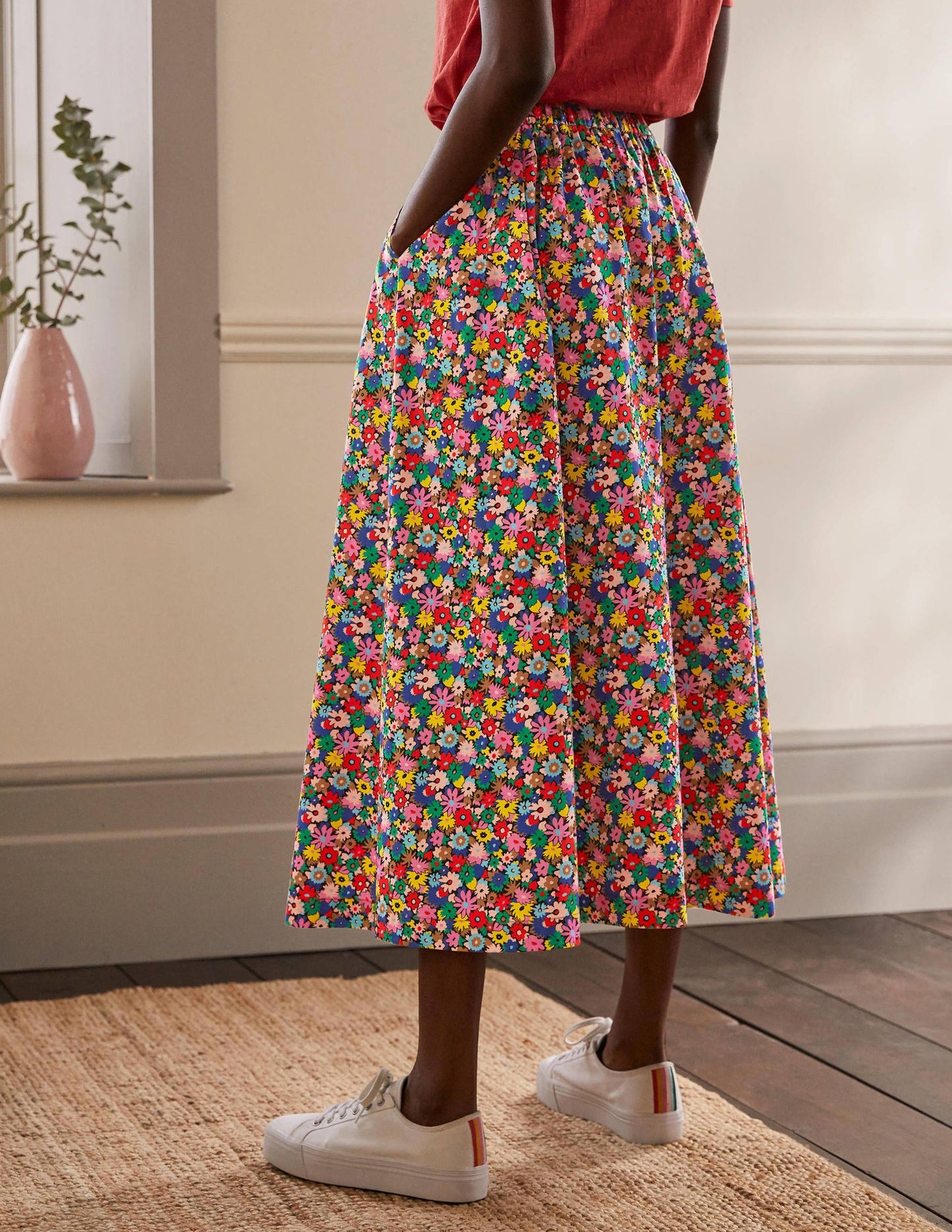 Cotton Sateen Skirt-Cherry Red, Paintbox Ditsy