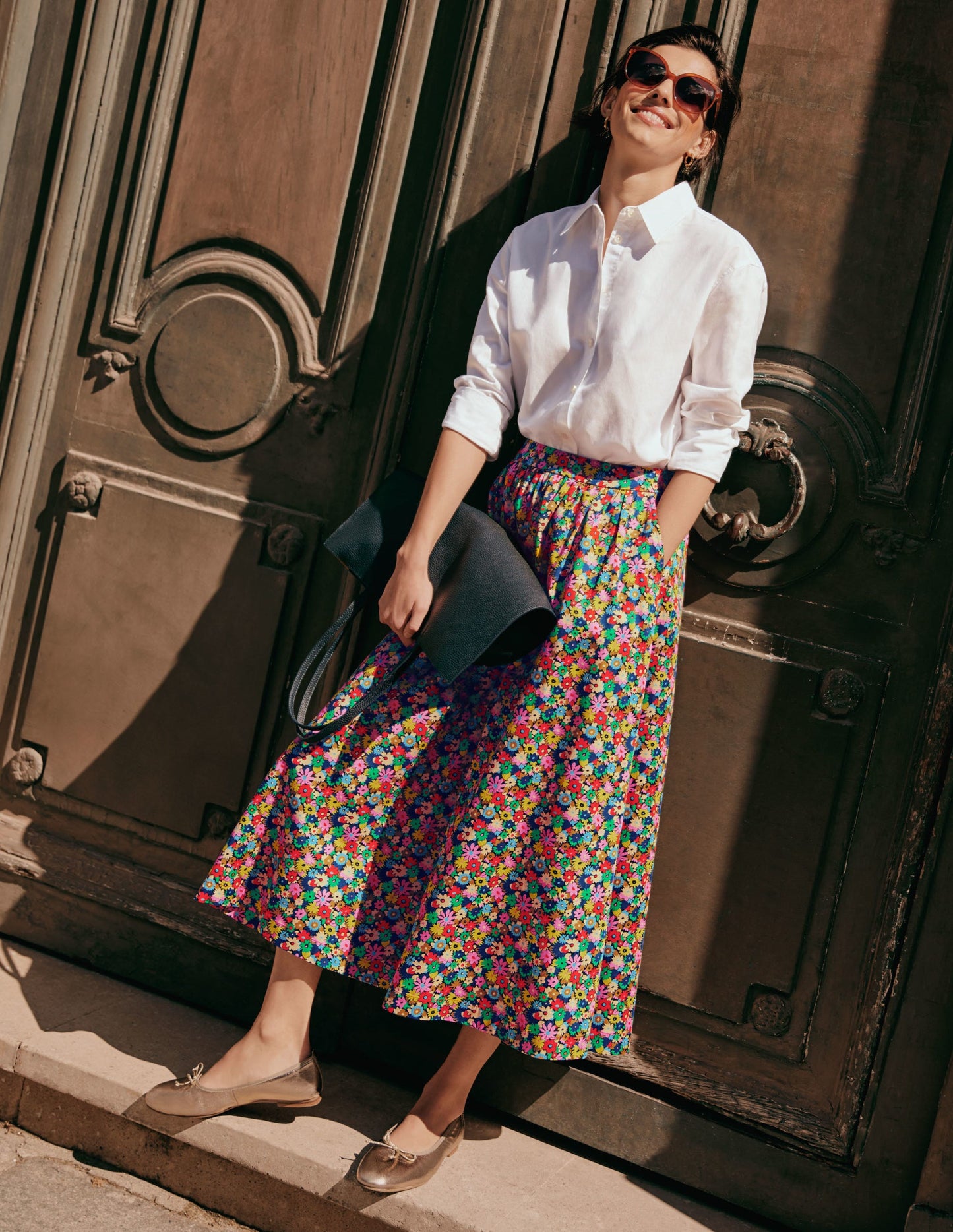 Cotton Sateen Skirt-Cherry Red, Paintbox Ditsy