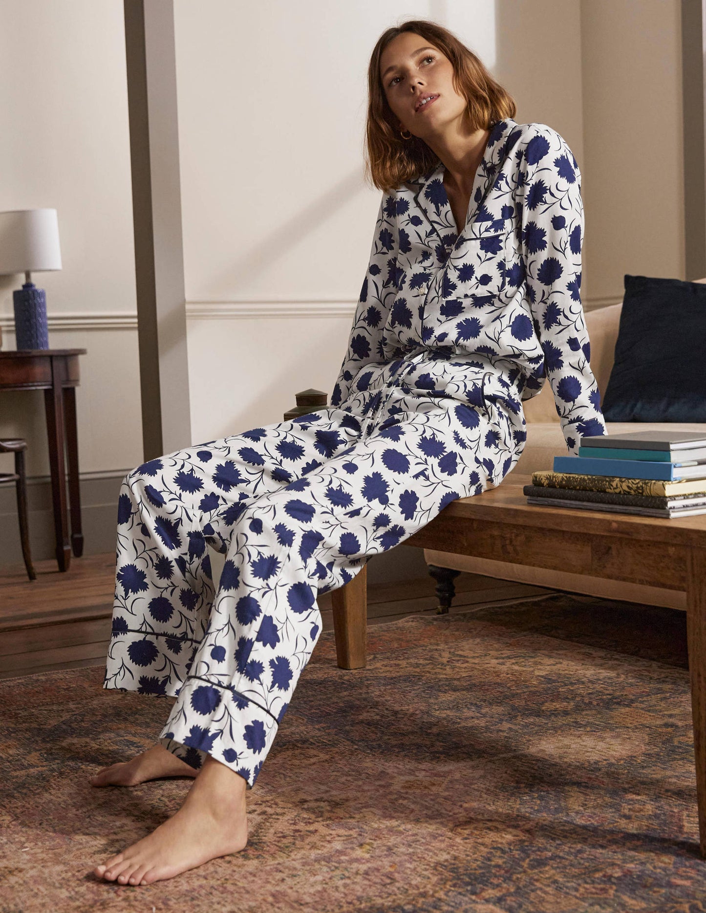 Cotton Pyjama Trousers-Ivory, Leafy Bud