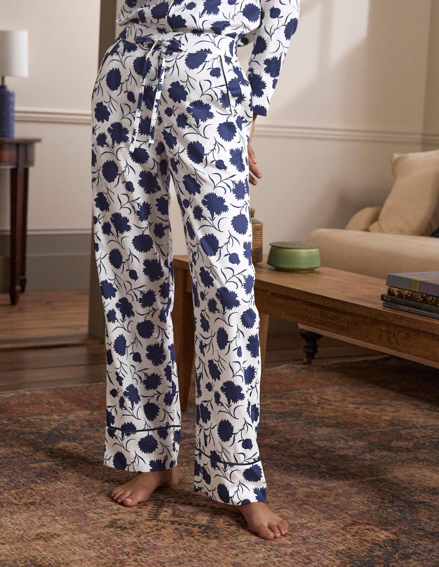 Cotton Pyjama Trousers-Ivory, Leafy Bud