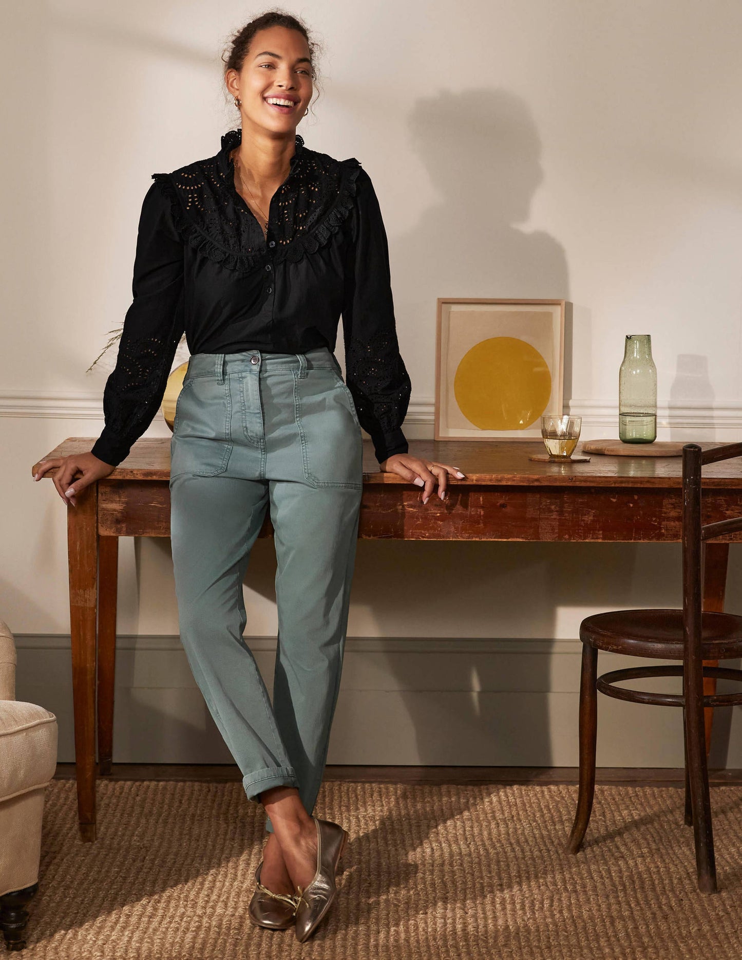 Broderie Frill Cotton Shirt-Black