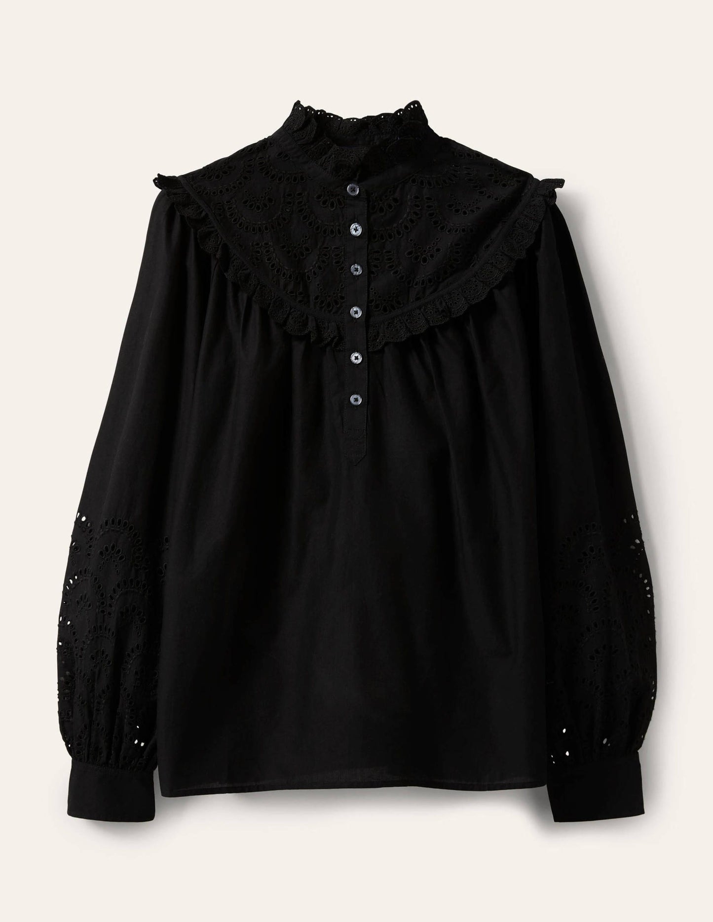 Broderie Frill Cotton Shirt-Black