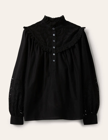 Broderie Frill Cotton Shirt-Black-5