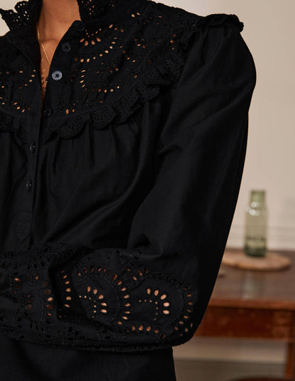 Broderie Frill Cotton Shirt-Black-1