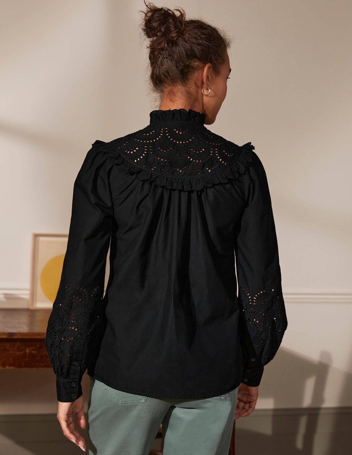 Broderie Frill Cotton Shirt-Black