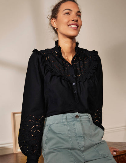 Broderie Frill Cotton Shirt-Black-3