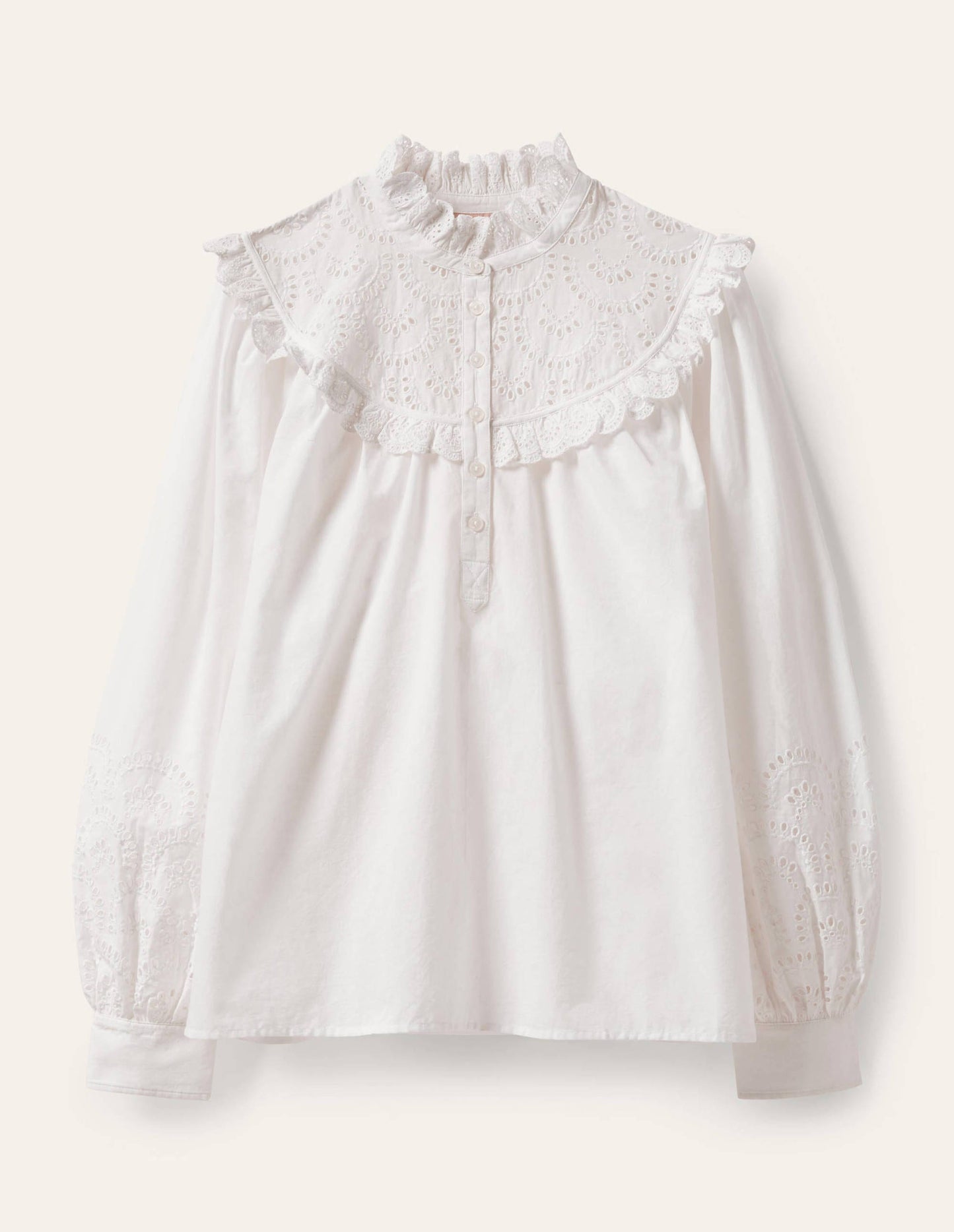 Broderie Frill Cotton Shirt-White