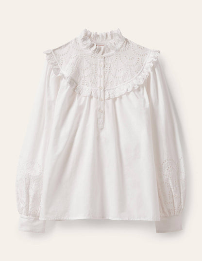 Broderie Frill Cotton Shirt-White-7