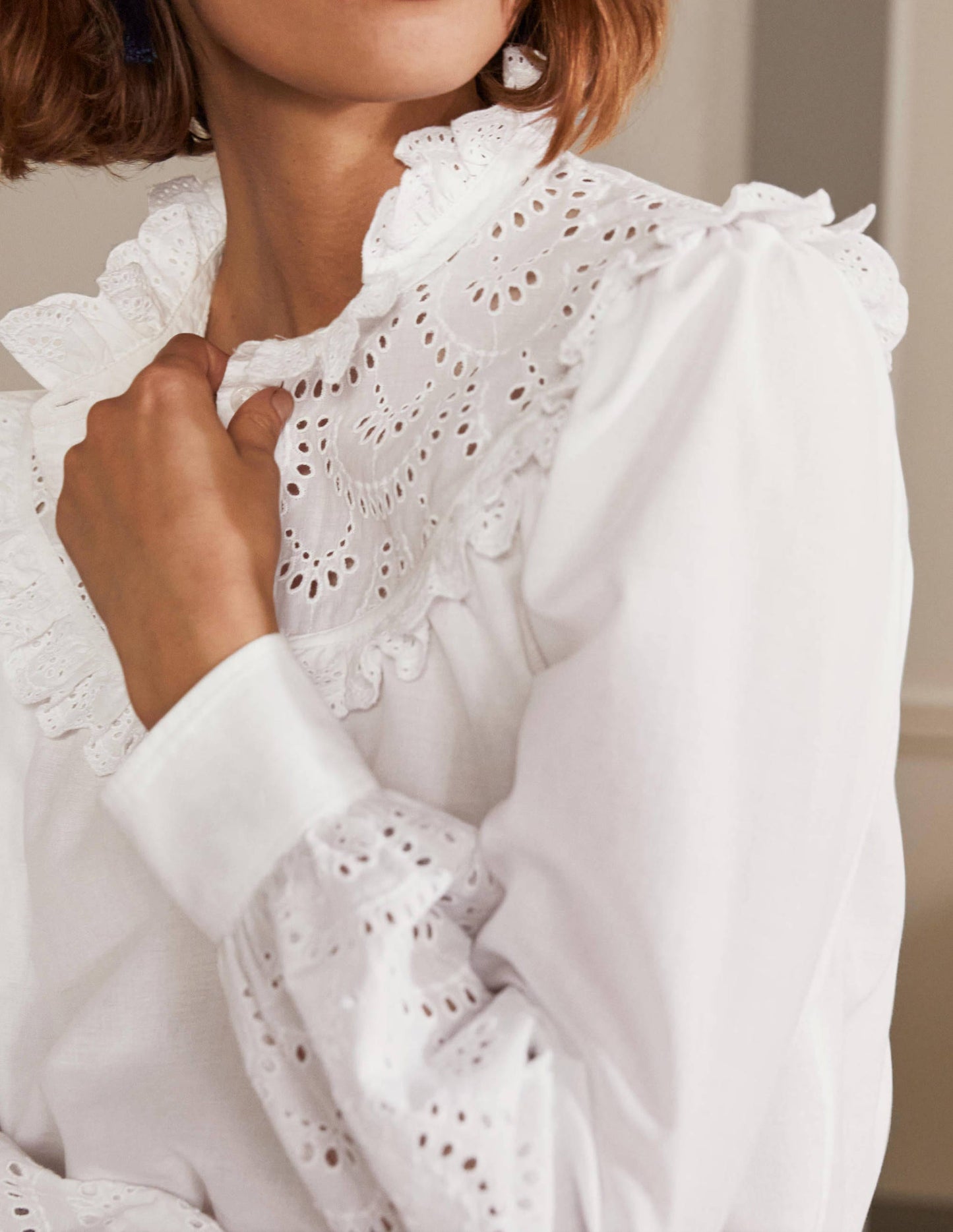 Broderie Frill Cotton Shirt-White