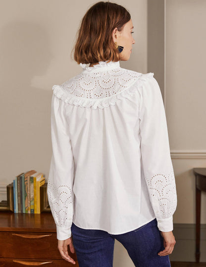 Broderie Frill Cotton Shirt-White-2