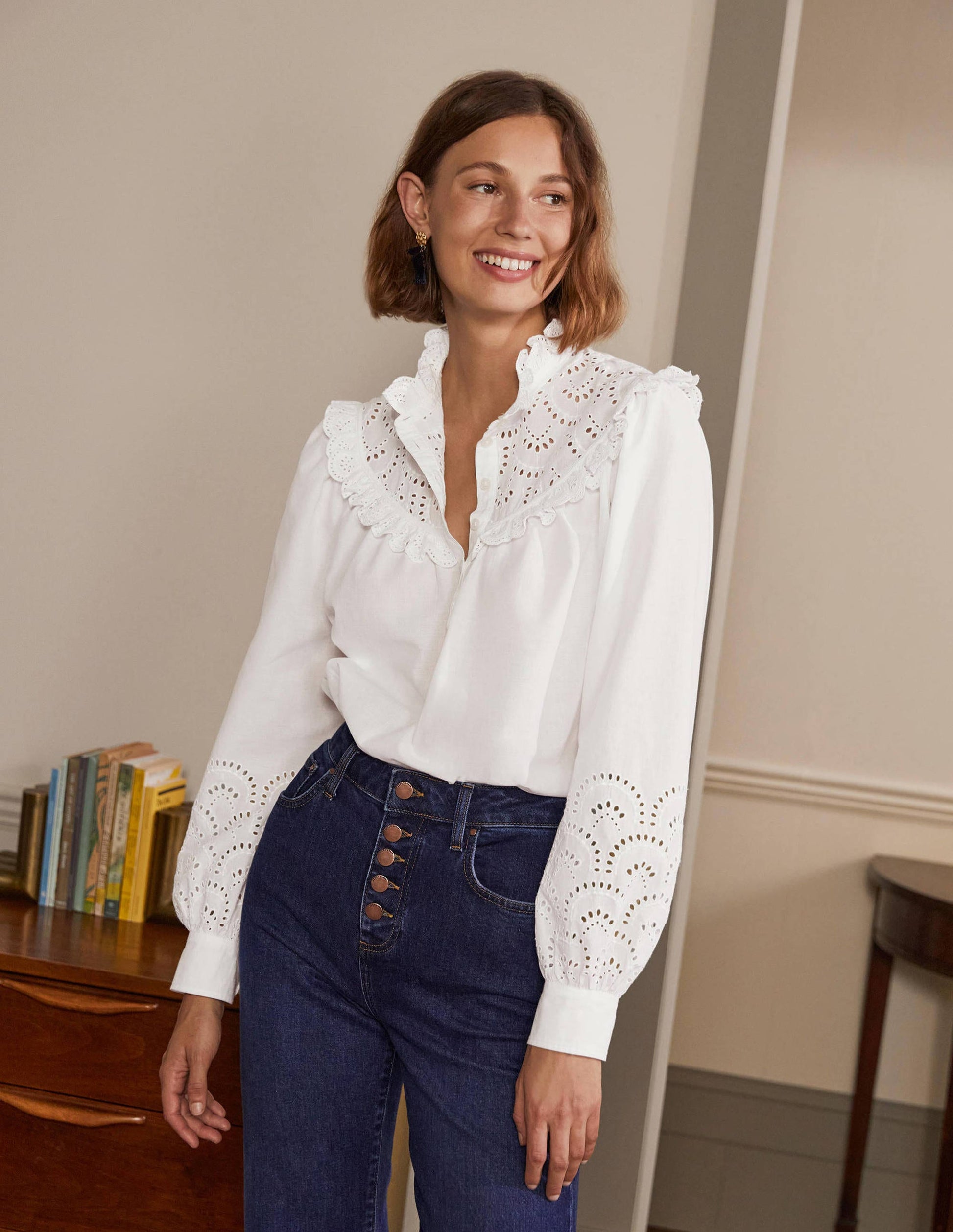 Broderie Frill Cotton Shirt-White-3