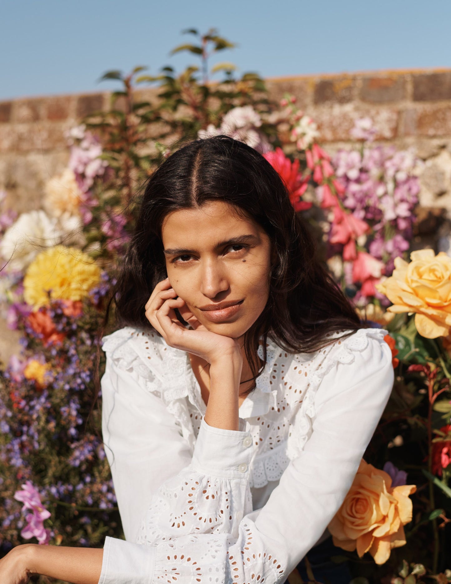 Broderie Frill Cotton Shirt-White