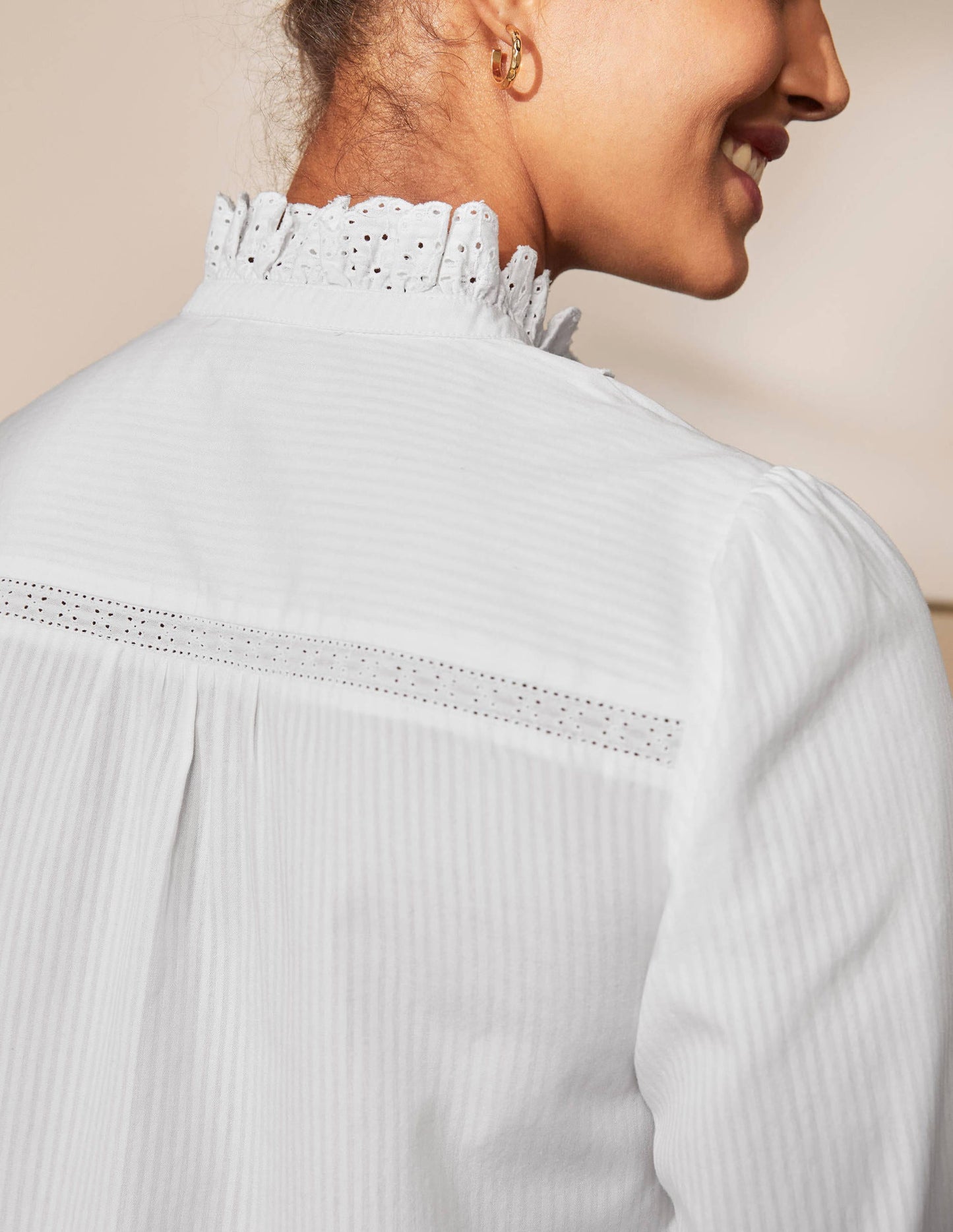 Broderie Ruffle Cotton Shirt-White