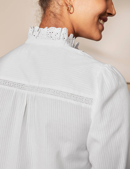 Broderie Ruffle Cotton Shirt-White-1