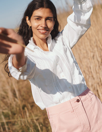 Broderie Ruffle Cotton Shirt-White-4