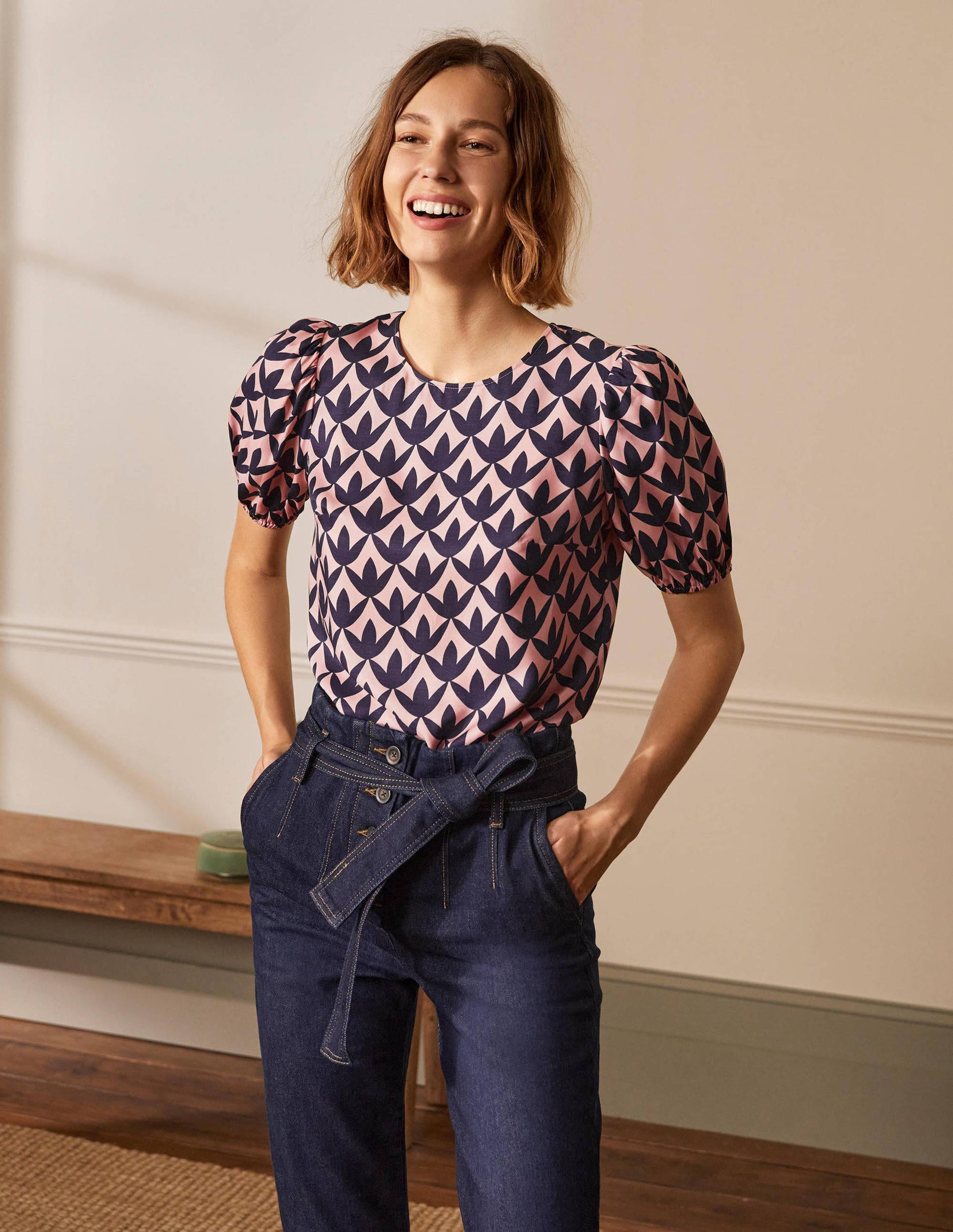 Adriana Puff Sleeve Top-Milkshake, Petal Geo-4