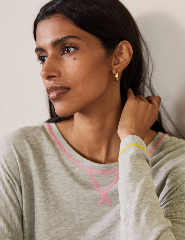 Contrast Stitch Jersey Top-Grey Marl