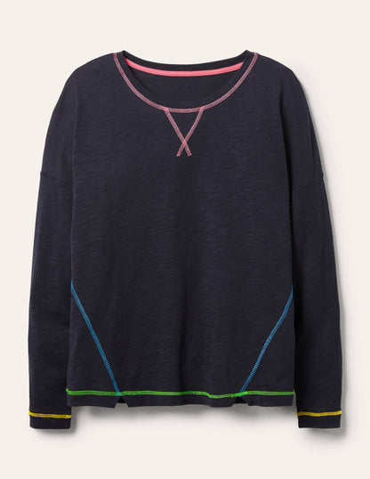 Contrast Stitch Jersey Top-Navy