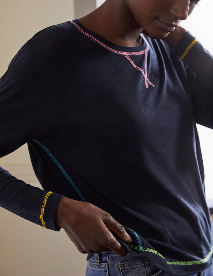 Contrast Stitch Jersey Top-Navy