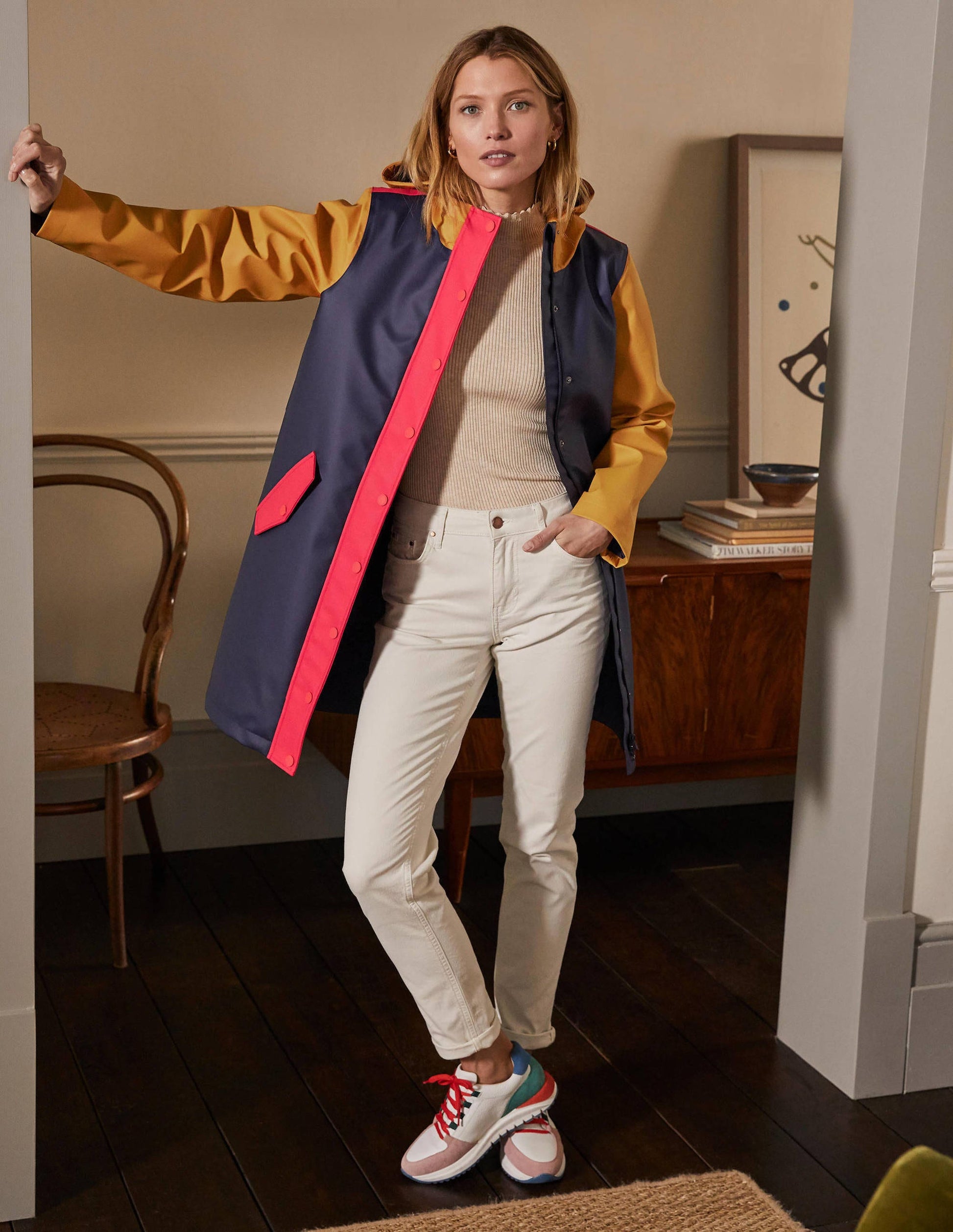 Morris Waterproof Mac-Navy and Ochre Colourblock-1