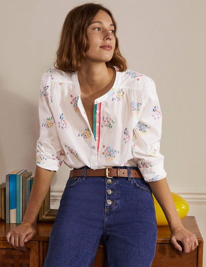 Relaxed Popover Cotton Shirt-Ivory, Delicate Sprig