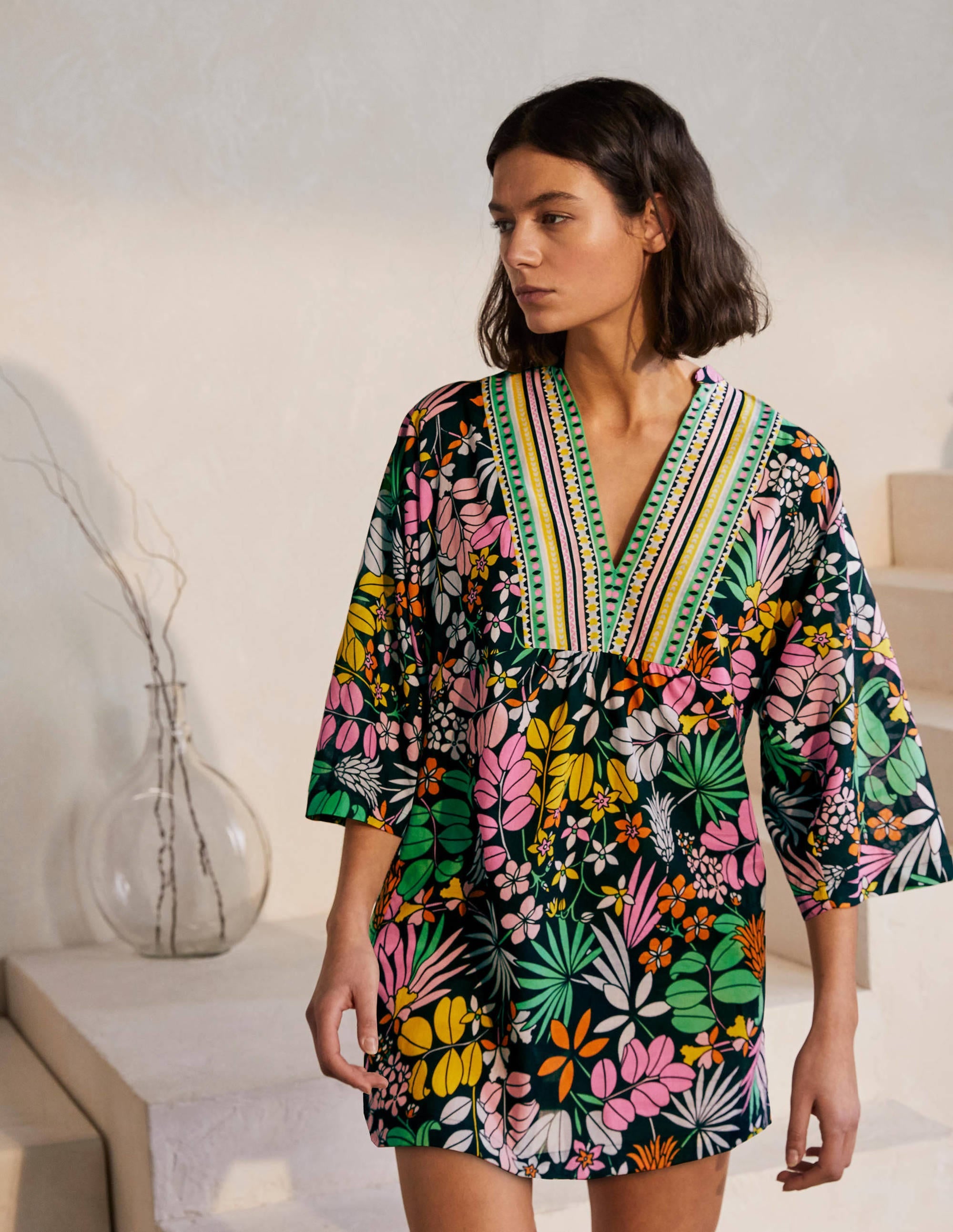 Wide Sleeve Cotton Kaftan-Black, Jungle Floral - Image 4