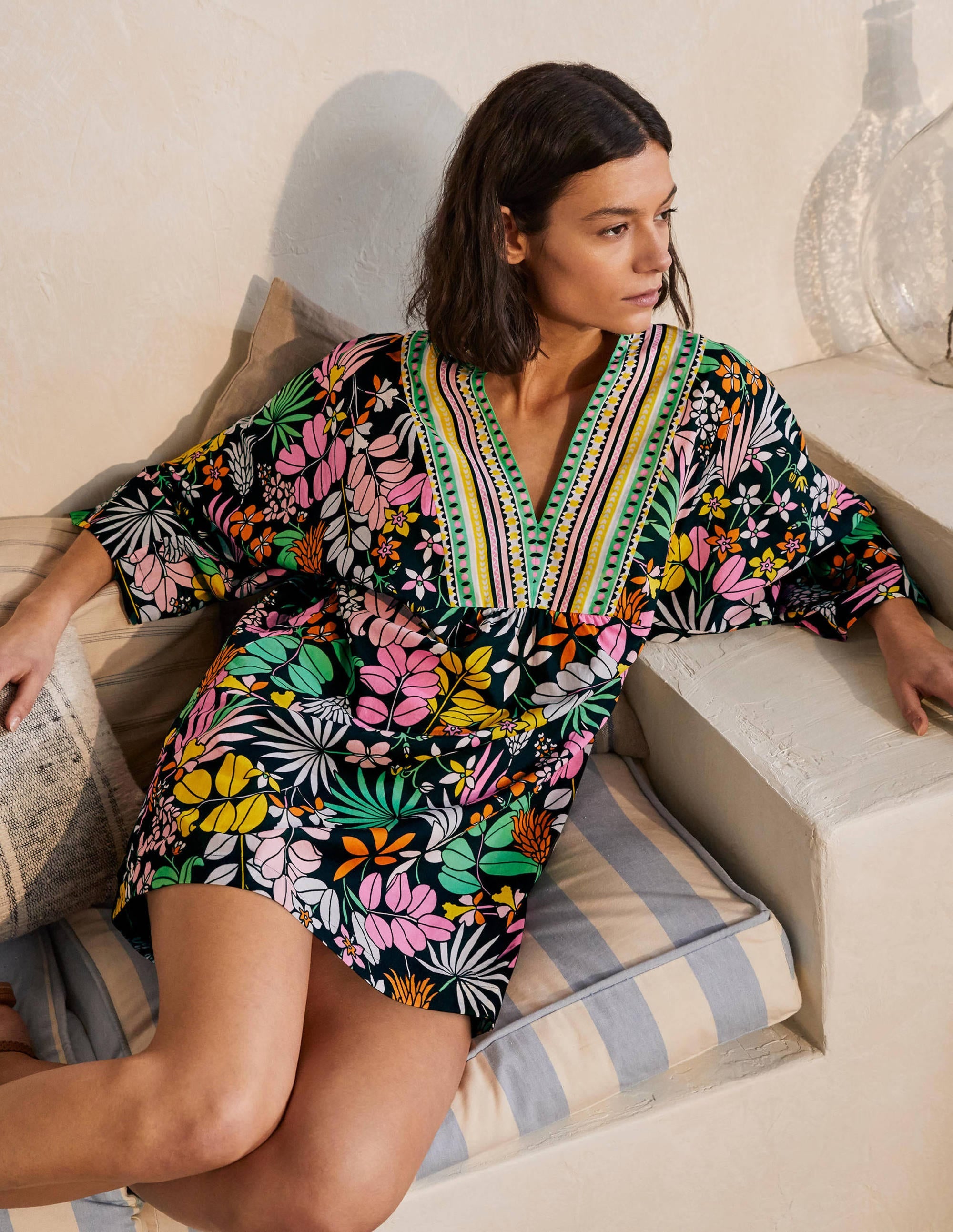 Wide Sleeve Cotton Kaftan-Black, Jungle Floral - Image 1