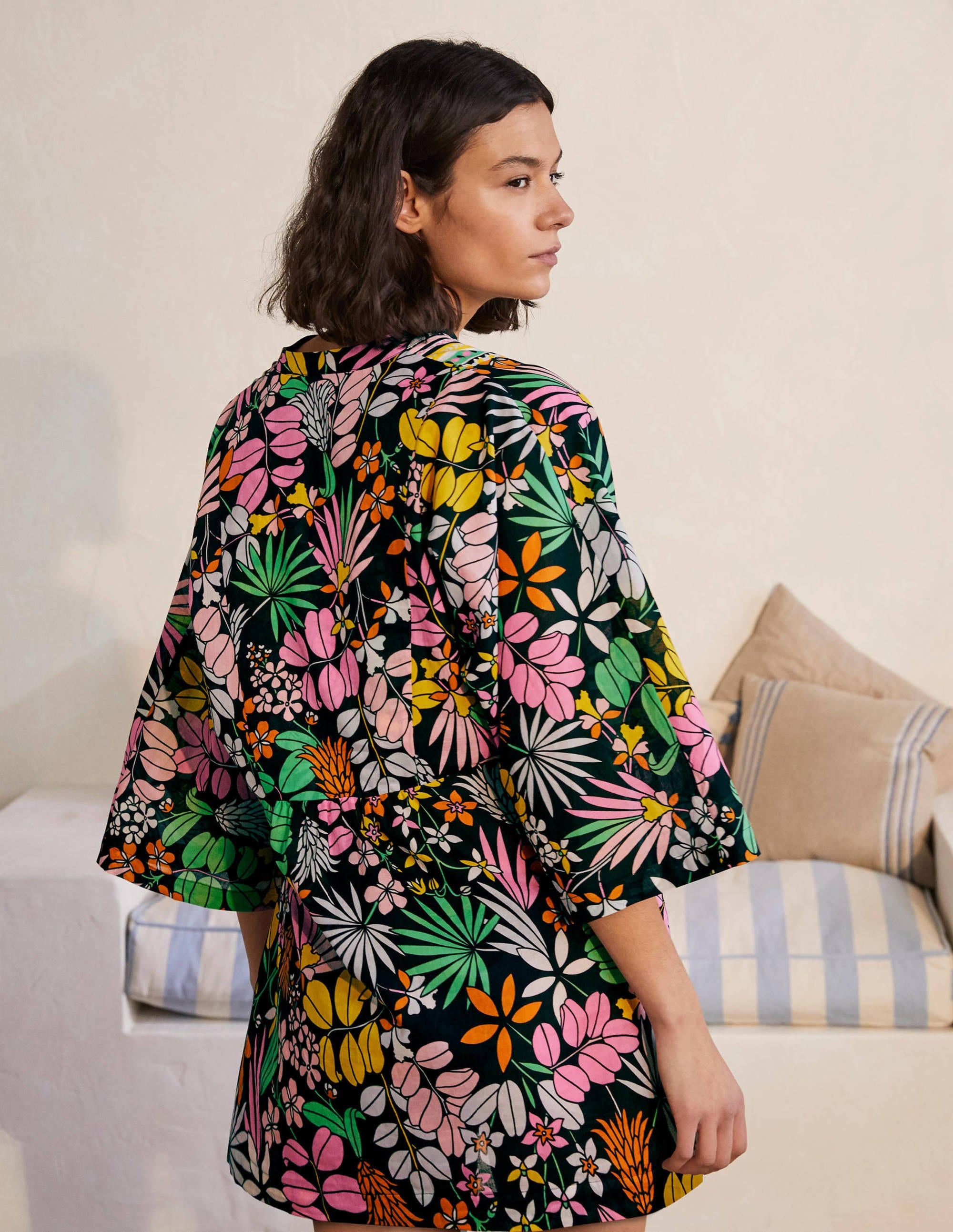 Wide Sleeve Cotton Kaftan-Black, Jungle Floral - Image 2