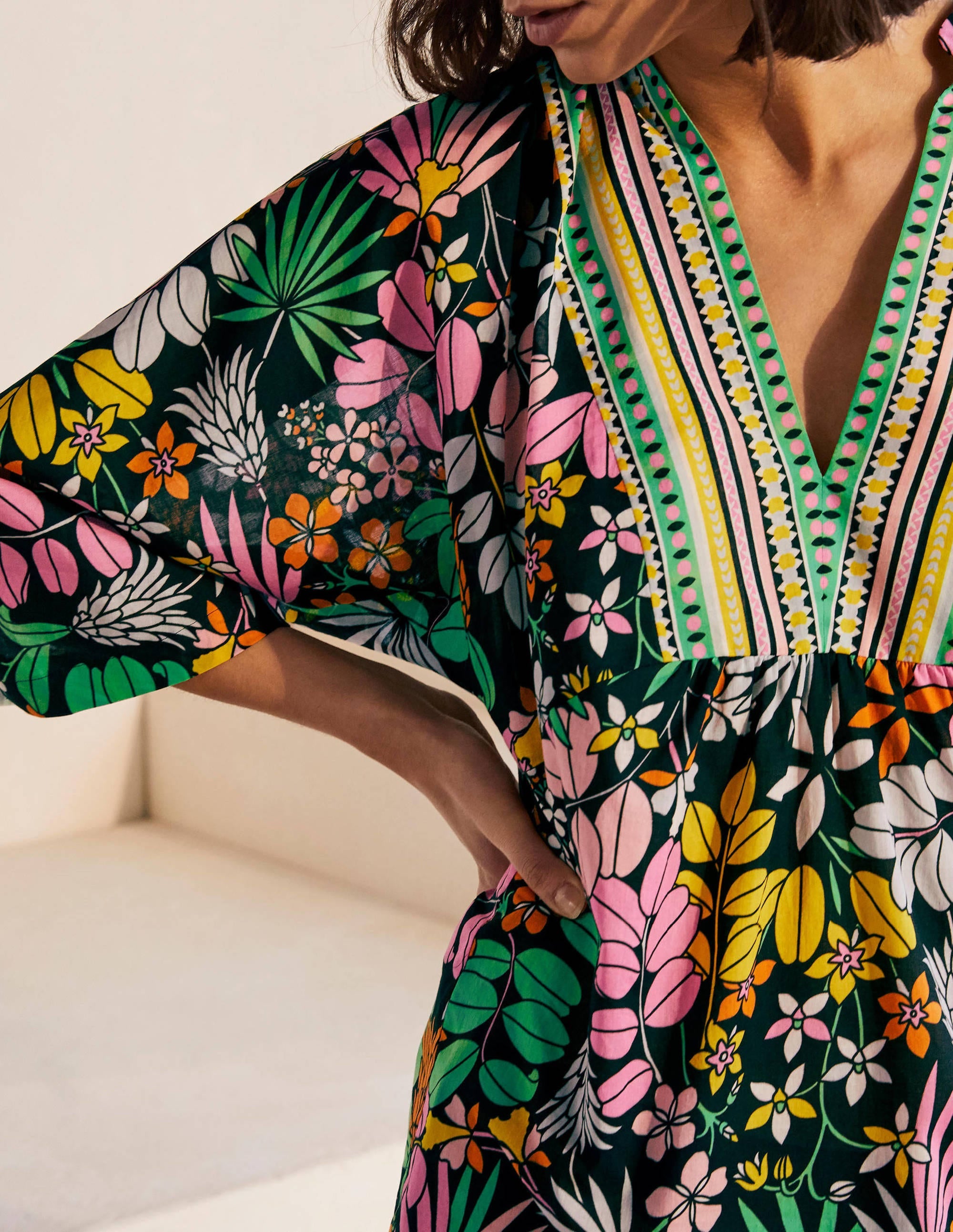 Wide Sleeve Cotton Kaftan-Black, Jungle Floral - Image 3