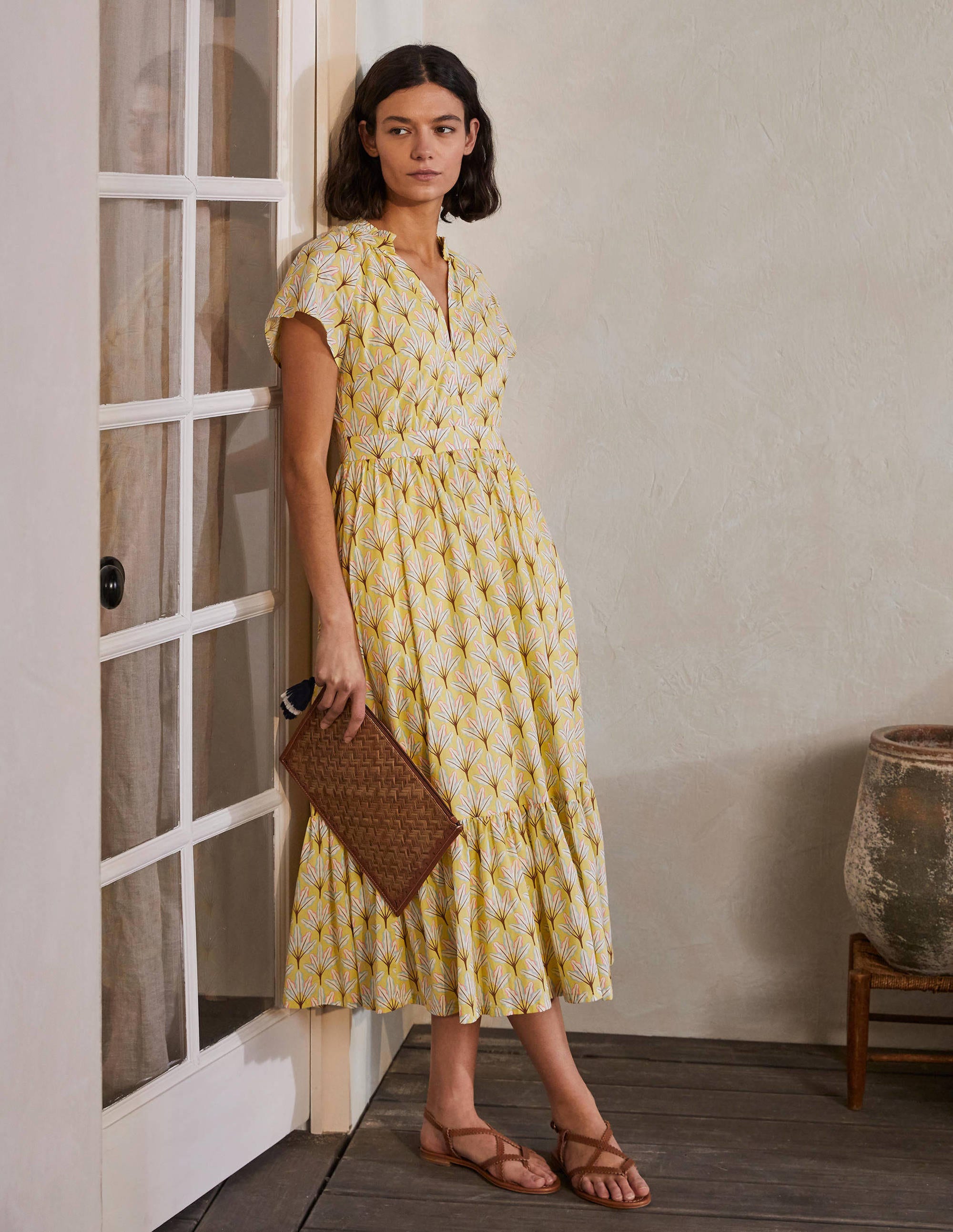 Bernadette Cotton Midi Dress-Corn Yellow, Intricate Leaf - Image 1