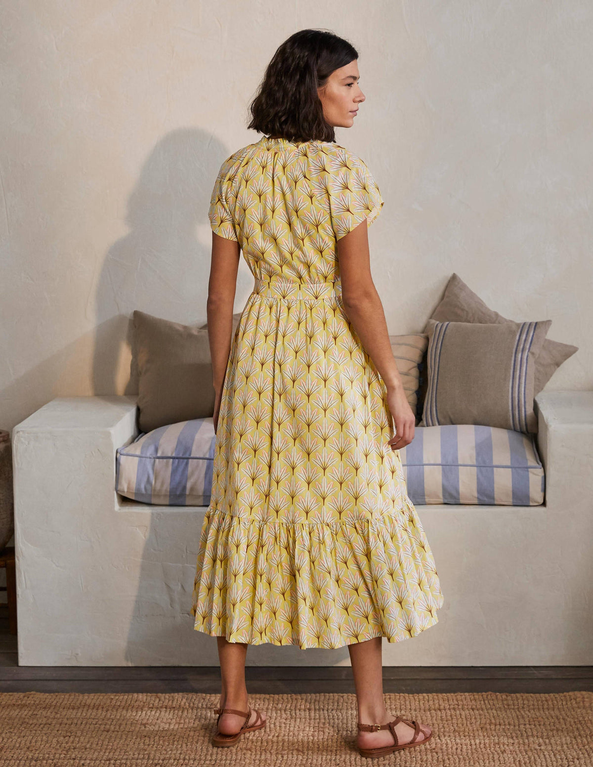 Bernadette Cotton Midi Dress-Corn Yellow, Intricate Leaf - Image 2