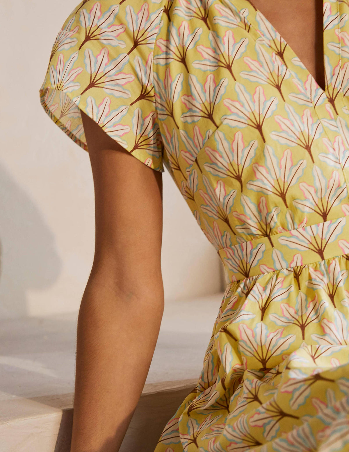 Bernadette Cotton Midi Dress-Corn Yellow, Intricate Leaf - Image 3