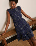 Romaine Tiered Jersey Dress-Navy and Gold, Polka Dot