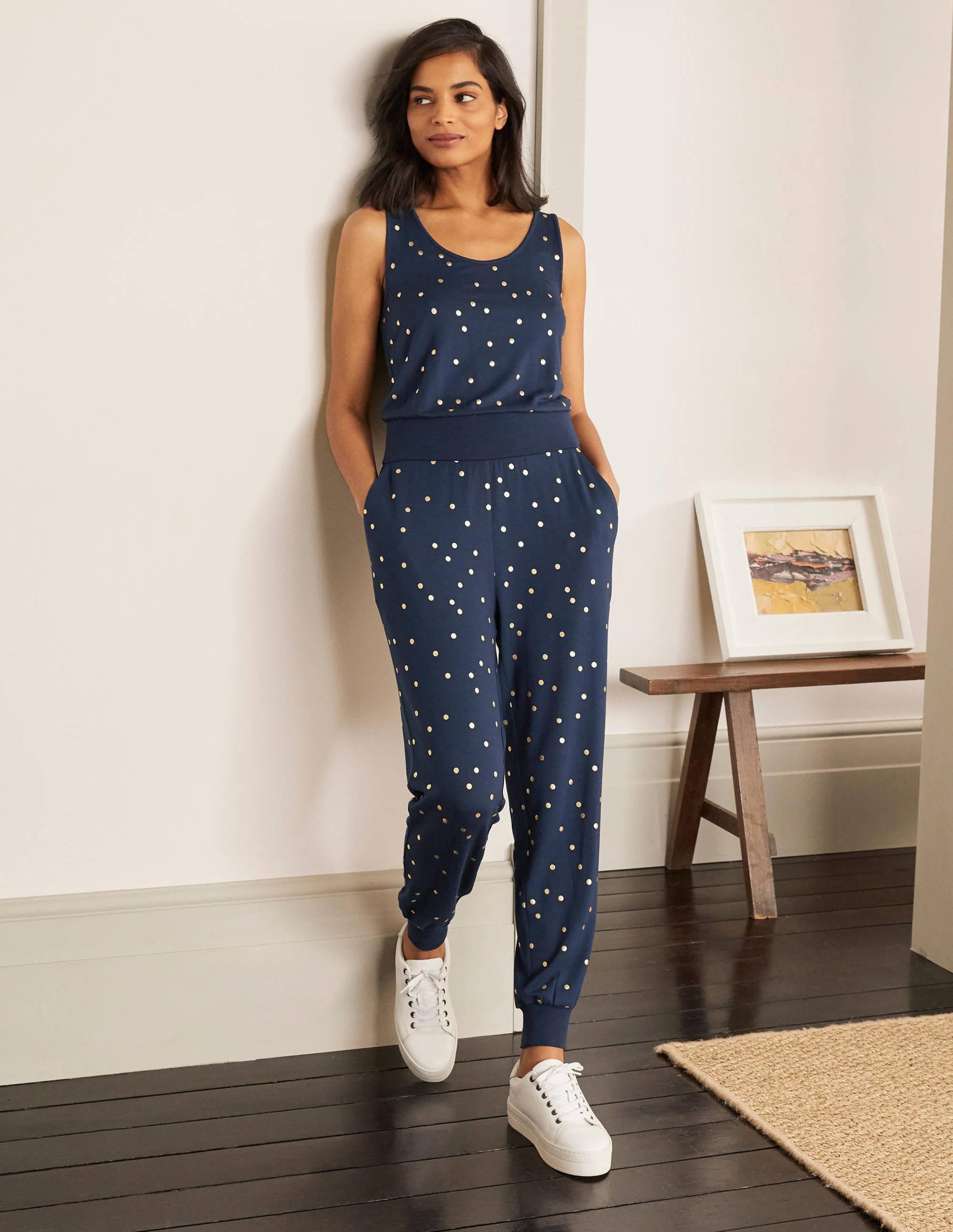 Rachel Jersey Jumpsuit-Navy, Scattered Foil Spot - Image 2