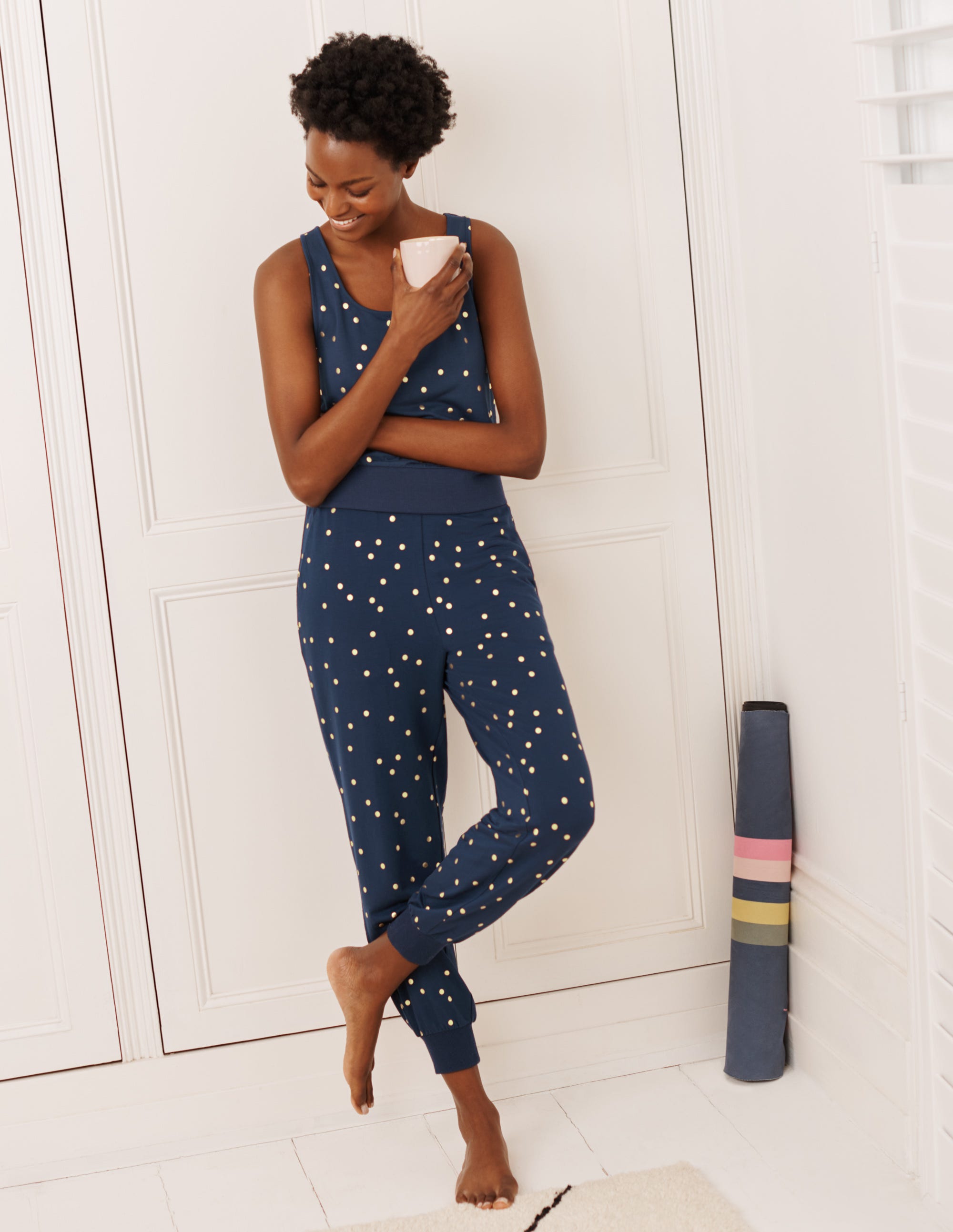 Rachel Jersey Jumpsuit-Navy, Scattered Foil Spot - Image 5