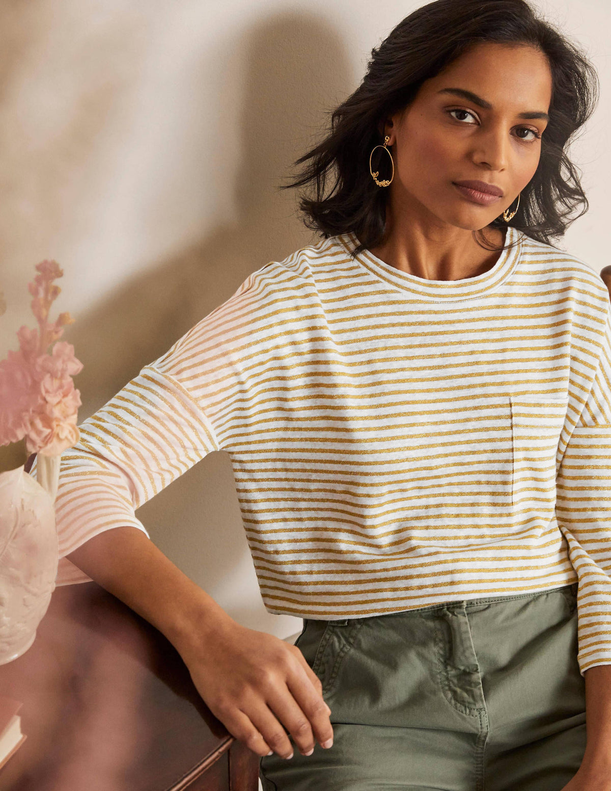 Ottilie Linen Jersey Top-Gold/ Ivory-1