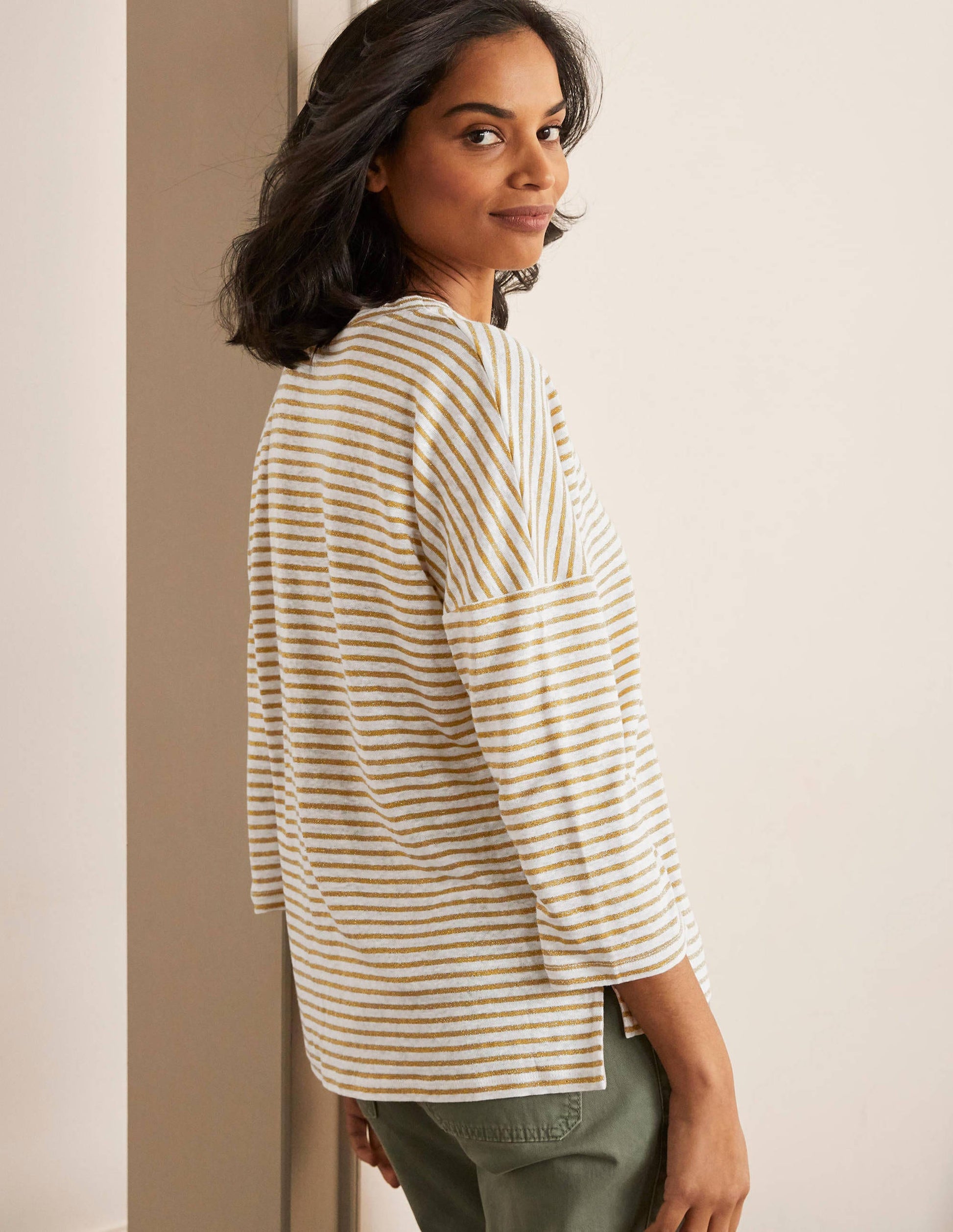 Ottilie Linen Jersey Top-Gold/ Ivory-3