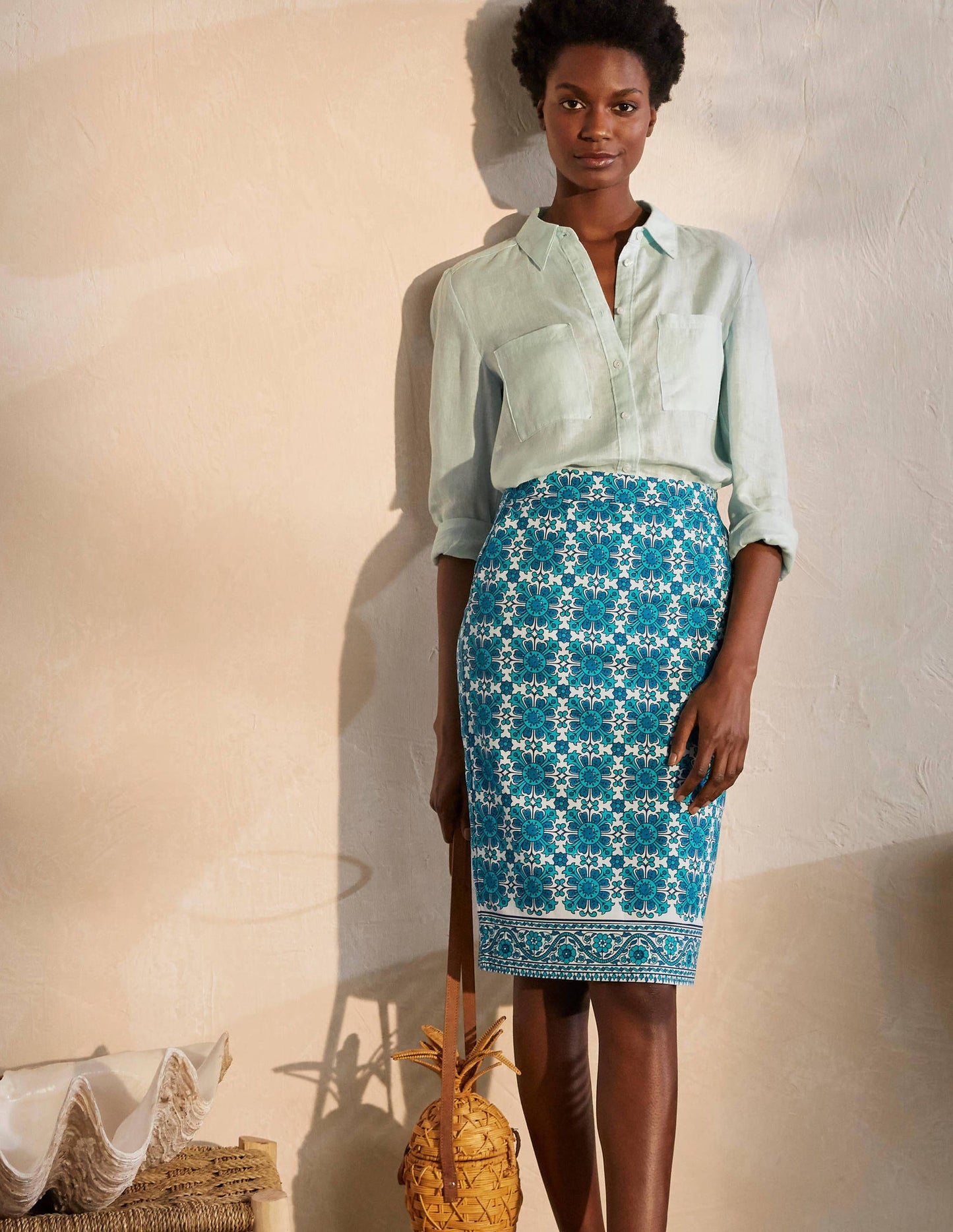 Gabriella Pencil Skirt-Ivory and Indian Ocean