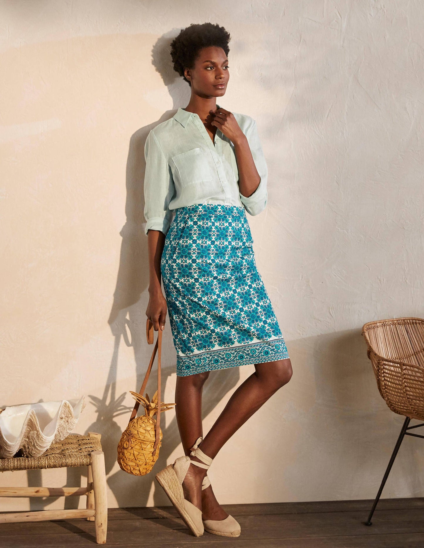 Gabriella Pencil Skirt-Ivory and Indian Ocean
